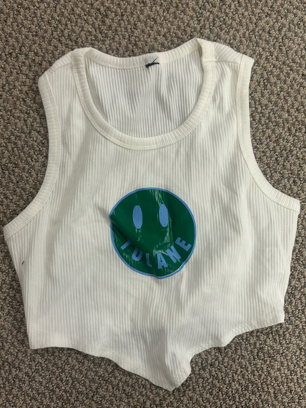 White Tulane Ribbed Tank with Green Smiley